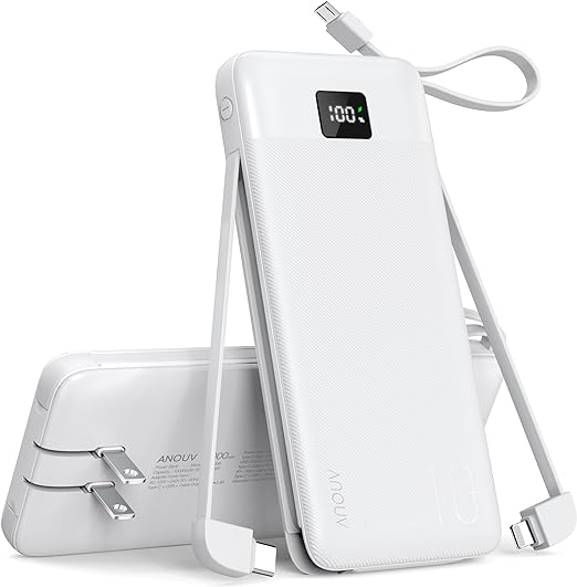 ANOUV Portable Charger Built-in Cables&AC Wall Plug 10000mAh TW1006 - WHITE Like New