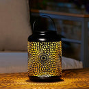 GLITZHOME 8.75 IN. H METAL CUTOUT SOLAR POWERED OUTDOOR HANGING LANTERN BLACK - Like New