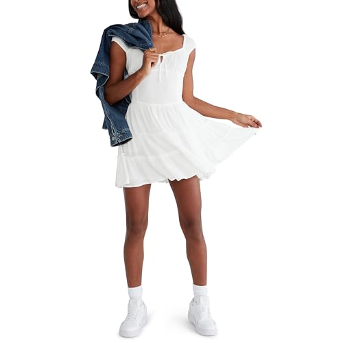 AEROPOSTALE WOMEN'S SMOCKED WAIST SHORT SLEEVE MINI DRESS MEDIUM WHITE - Brand New