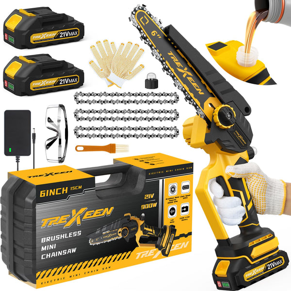 TREXEEN MINI CHAINSAW 6-INCH ELECTRIC CHAINSAW UPGRADED 900W BRUSHLESS - YELLOW - Like New