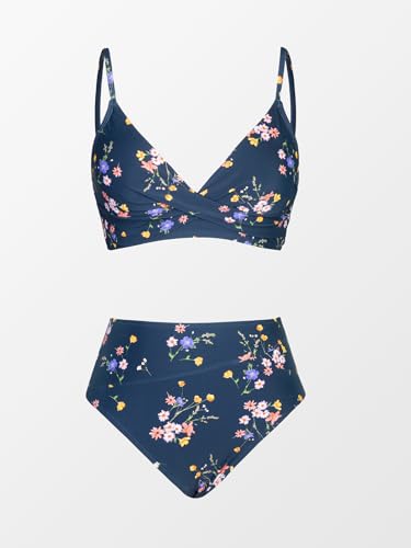 CUPSHE WOMEN'S BIKINI SWIMSUIT HIGH WAISTED - SIZE: WOMEN L - NAVY BLUE FLORAL - Brand New