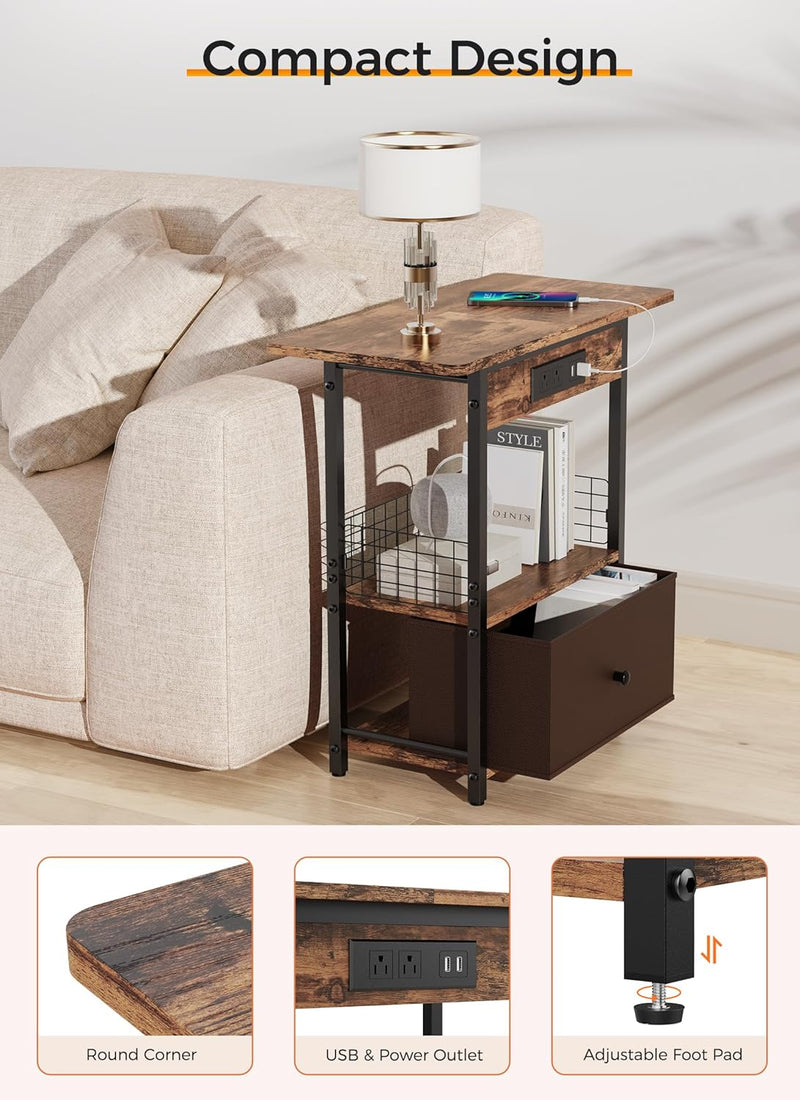 GiveBest End Table with Charging Station, USB Ports and Outlets - Brown Like New