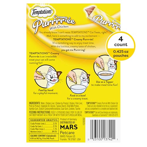 TYSON TEMPTATIONS CREAMY PUREE WITH CHICKEN LICKABLE, SQUEEZABLE CAT TREATS - Brand New