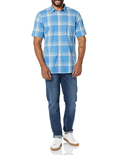AMAZON ESSENTIALS MEN'S SLIM-FIT SHORT-SLEEVE POPLIN LIGHT BLUE ORANGE PLAID 2XL - Brand New
