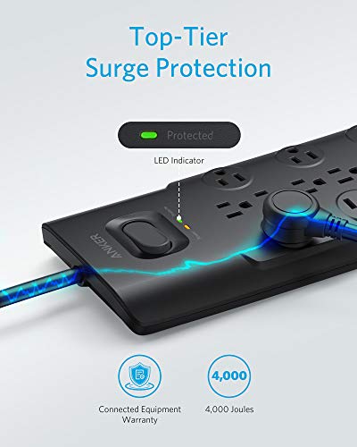 ANKER POWER STRIP SURGE PROTECTOR 12 OUTLETS & 3 USB-A A2762 - BLACK - Like New