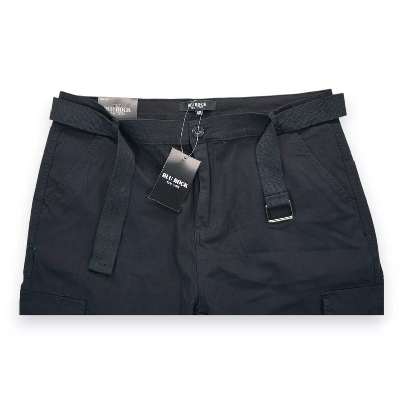 BLU ROCK NEW YORK MENS FLEX STRETCH BELTED CARGO SHORTS - SIZE: MEN 40 - BLACK - Brand New