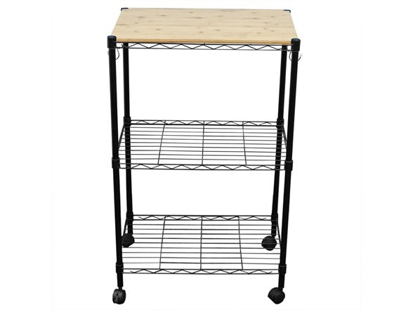 HOME BASICS 3 TIER KITCHEN TROLLEY WITH STEEL HOOKS - BLACK/NATURAL - Like New
