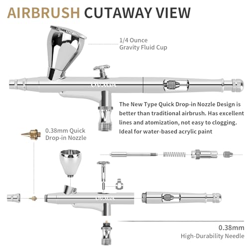 OVAGA AIRBRUSH KIT AIRBRUSH GUN DUAL-ACTION GRAVITY 1/4 OZ CUP - SILVER - Like New