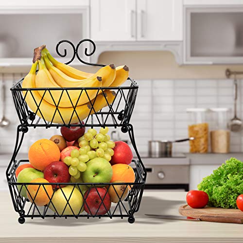 SORBUS FRUIT BASKET DISPLAY STAND, 2-TIER - RECTANGULAR ANTIQUE METAL - BLACK - Like New