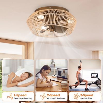 PARROT UNCLE 13.5IN INDOOR ANTIQUE BRUSHED GOLD CAGE FLUSH MOUNT CEILING FAN - Like New