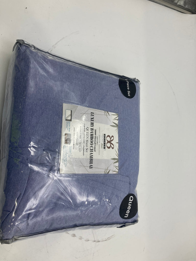 BAMBOO SHEET QUEEN 2000 SERIES 1 FLAT SHEET 1 FITTED SHEET 4 PILLOWCASES BLUE - Like New