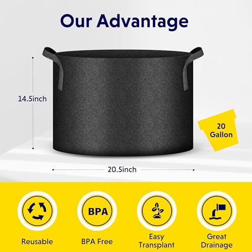 IPOWER 5-PACK 20 GALLON PLANT GROW BAGS THICKENED NONWOVEN FABRIC POTS BLACK - Brand New