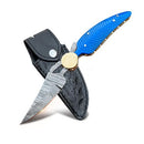 WARLOCKS CLUB HANDMADE DAMASCUS POCKET KNIFE SHEATH - LEAF BLUE - Brand New