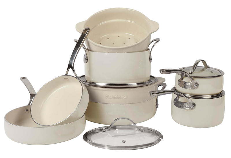 Bloomhouse 12 Piece Aluminum Pots and Pans Cookware Set - Oat White - Like New