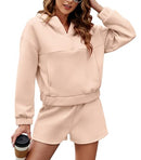FKEEP WOMENS 2 PIECE SWEATSUIT OUTFITS HALF ZIP HOODIE SWEAT SHORTS PINK M - Brand New