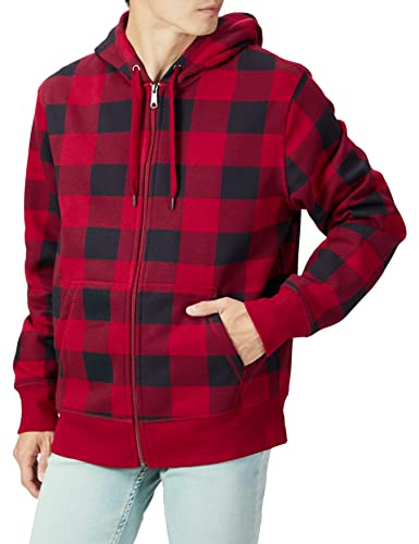 AMAZON ESSENTIALS MEN'S FULL-ZIP FLEECE HOODIE - SIZE: MEN L - BLACK RED PLAID - Brand New