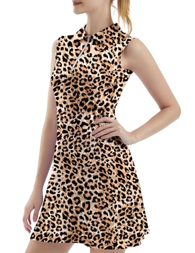 FKEEP Women's Tennis Golf Dresses Zipper V-Neck Sport Golden Leopard Small - Brand New