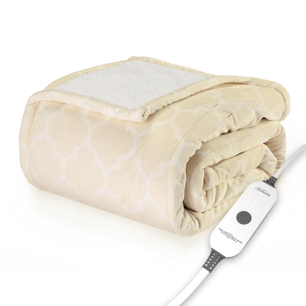 SUNBEAM ROYAL MINK SHERPA CHAMPAGNE LATTICE HEATED BLANKET 32810062 - CHAMPAGNE - Like New