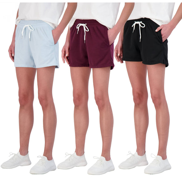 REAL ESSENTIALS 3PK WOMENS COTTON FRENCH TERRY 9" SHORT - M - WHITE/RED/BLACK - Like New