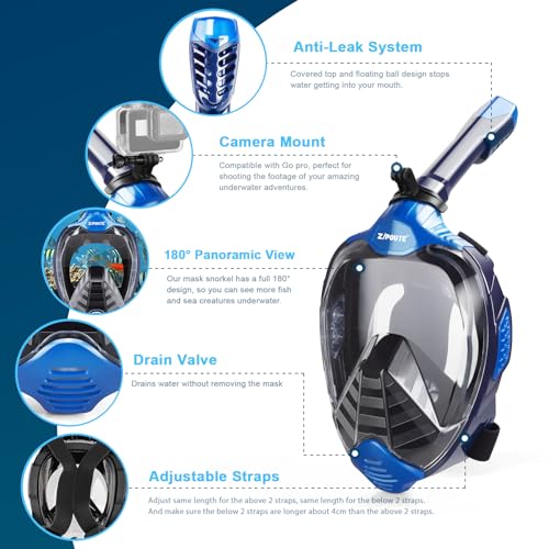 ZIPOUTE SNORKEL MASK FULL FACE, FOLDABLE FULL FACE, CAMERA MOUNT, BLUE S/M - Like New