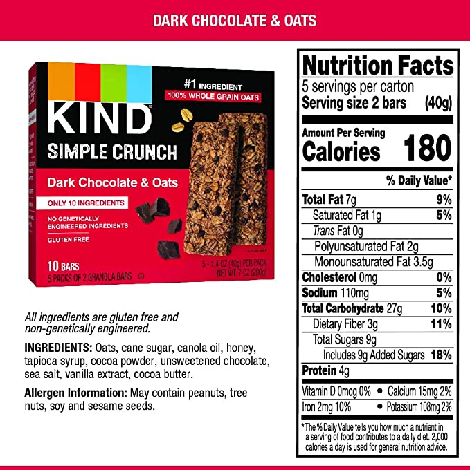 KIND Simple Crunch Bars, Dark Chocolate & Oats, 80 Bars Total, Pack of 8 Brand New