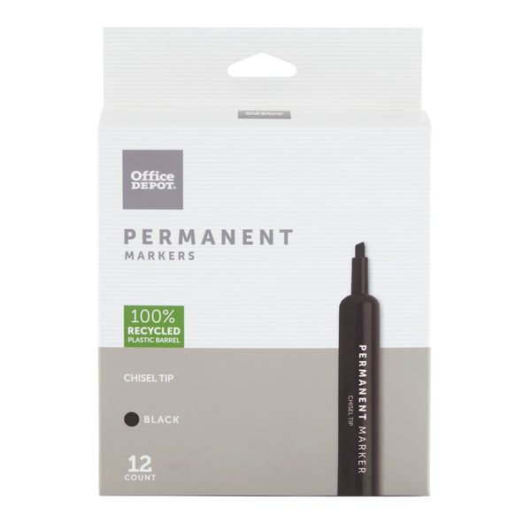 OFFICE DEPOT PERMANENT MARKERS, CHISEL POINT, BLACK INK, PACK OF 12 - Brand New