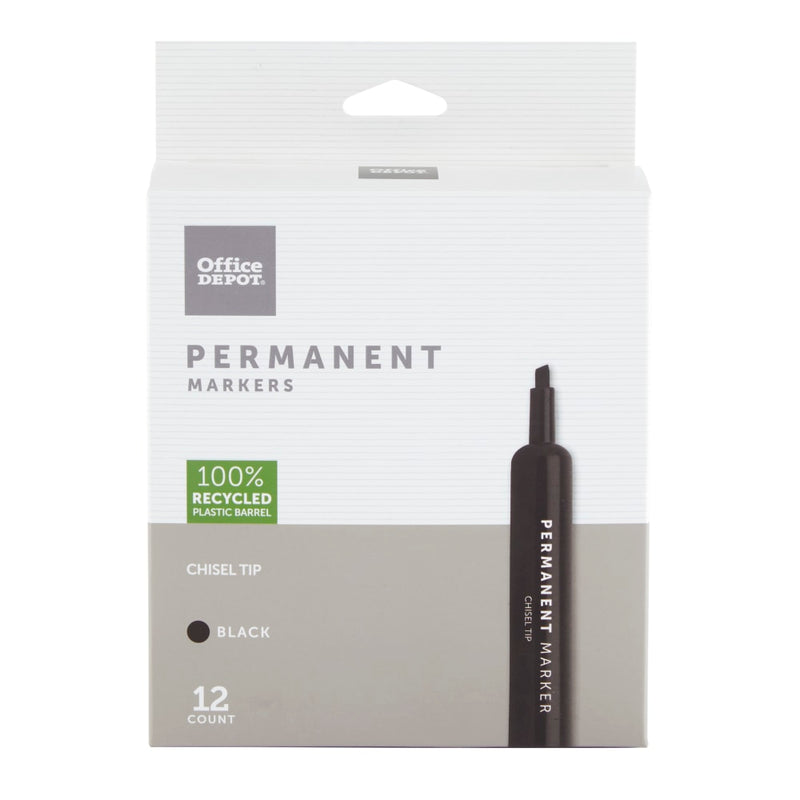 OFFICE DEPOT PERMANENT MARKERS, CHISEL POINT, BLACK INK, PACK OF 12 - Brand New