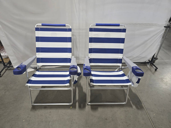 RIO BEACH 2-PACK 17" EXTENDED HEIGHT 4-POSITION FOLDING BEACH CHAIR - BLUE WHITE - Like New