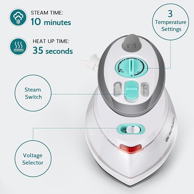 BEAUTURAL Mini Travel Steam Iron Clothes Dual Voltage 1-MR08US04 - White - Like New