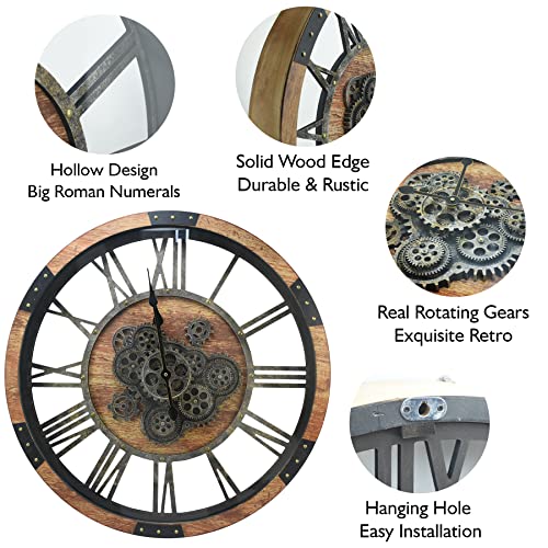 DORBOKER 27" Large Real Moving Gears Wall Clock Toughened Glass Cover - Brown - Like New