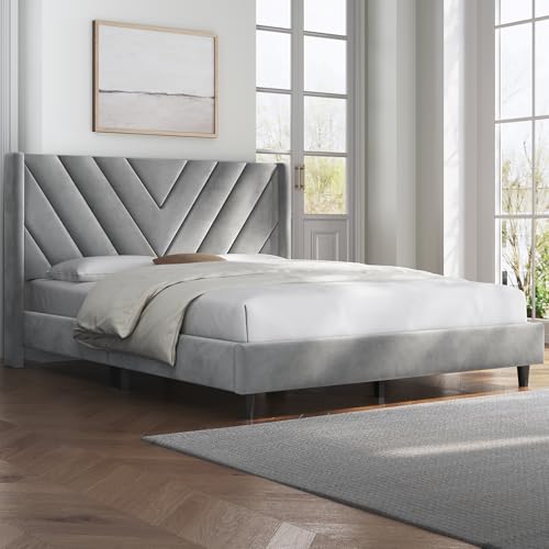 YAHEETECH UPHOLSTERED PLATFORM BED FRAME WOODEN SLAT SUPPORT QUEEN - LIGHT GRAY - Like New