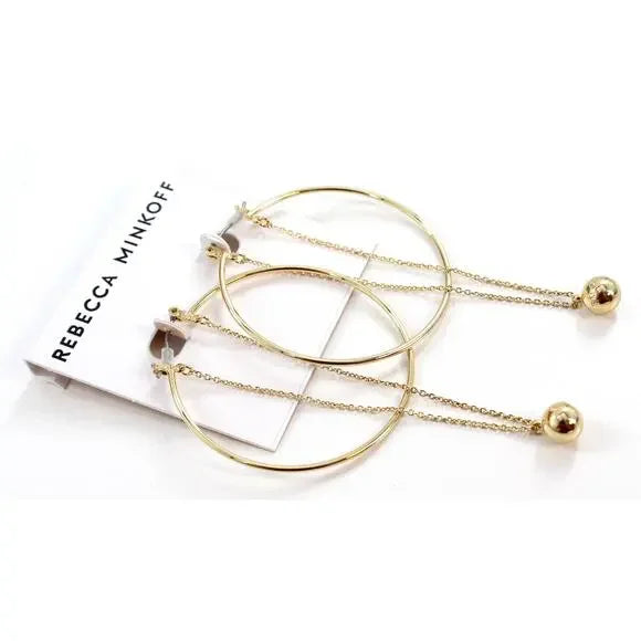 REBECCA MINKOFF GOLD HOOP & CHAIN BALL DANGLE EARRINGS - GOLD - Brand New