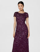 Adrianna Papell Women's Short-Sleeve All Over Sequin Gown, Cabernet, 18 - Brand New