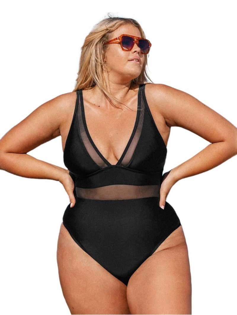 CUPSHE WOMEN’S BLACK ONE PIECE SWIMSUIT MESH DETAIL NWT - SIZE: WOMEN 0X - BLACK - Like New