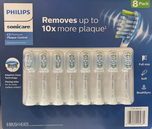 Philips 8 Pack Sonicare C3 Premium Plaque Control Replacement Brush Heads -WHITE New