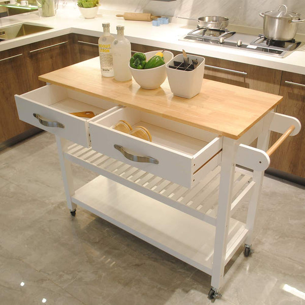 LOVTIMBER MOBILE KITCHEN CART, KITCHEN ISLAND ON WHEELS WITH 2 DRAWERS - WHITE - Like New