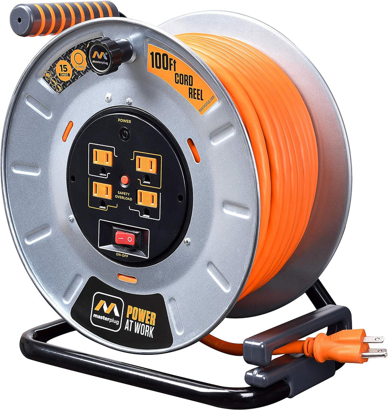 Masterplug 100Ft 4 Sockets 15A 12AWG Metal Extension Cord Reel - Scratch & Dent