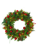 SANTAS WORKSHOP 24" WREATH WITH RED BALLS AND BERRIES, 106 TIPS, 35 LIGHTS GREEN - Like New