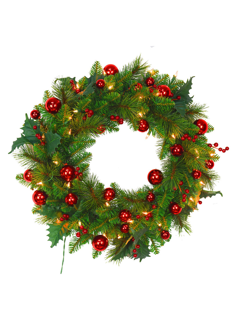 SANTAS WORKSHOP 24" WREATH WITH RED BALLS AND BERRIES, 106 TIPS, 35 LIGHTS GREEN - Like New