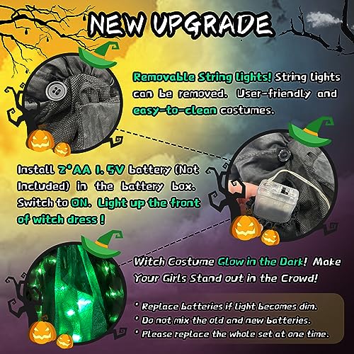 Poshetion Witch Costumes Light Up Halloween Witch Dress Witch Broom Hat - Green - Like New