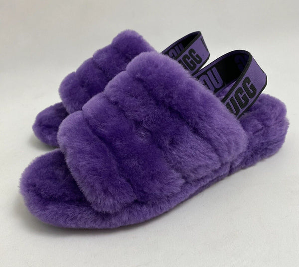 UGG FLUFF YEAH FUR SLIDE SLINGBACK SANDALS - SIZE: WOMEN 8 - PURPLE - Like New