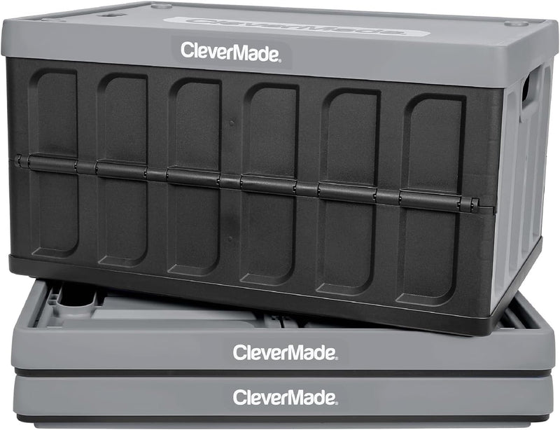 CLEVERMADE COLLAPSIBLE STORAGE BIN (WITH LID) - 46L (12 GAL), 3PACK - STONE - Like New