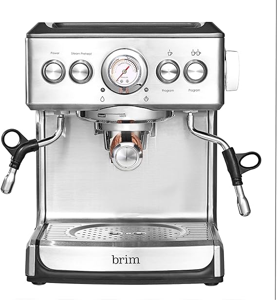 BRIM 19 Bar Espresso Milk Steamer Frother Stainless Steel Wood Accents - Silver Like New