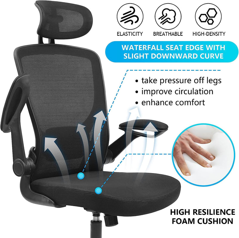 KERDOM Ergonomic Office Chair with Headrest and Flip-up Arms - Black - Like New
