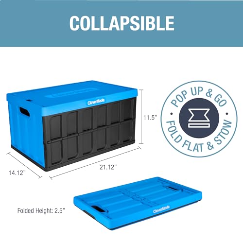 CLEVERMADE COLLAPSIBLE STORAGE BIN (WITH LID), 3PK 46L (12 GAL) - NEPTUNE BLUE - Like New