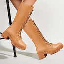 TINSTREE Mid Chunky Boots for Women Buckle Leather Combat Lace Up Mid-Calf Brown - Like New