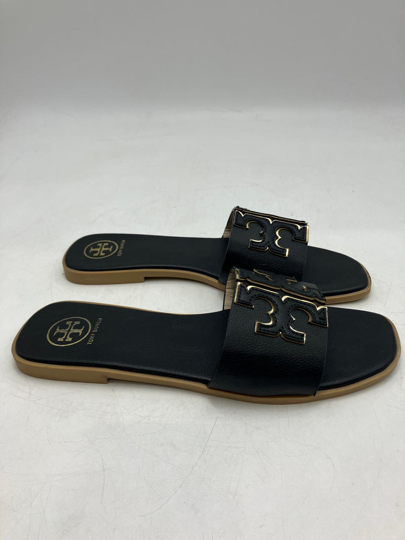 TORY BURCH WOMEN'S INES SLIDE LEATHER CUSHIONED SANDALS SIZE 9.5 BLACK/GOLD - Like New