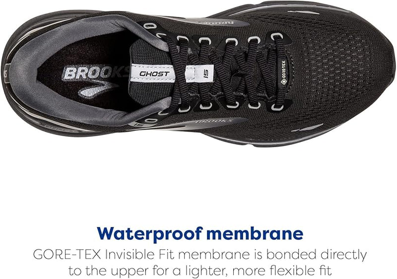 BROOKS WOMEN'S GHOST 15 GTX RUNNING SHOE -BLACK/BLACKENED PEARL/ALLOY - SIZE 7.5 - Like New