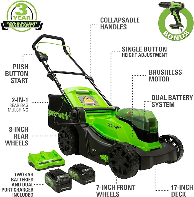 Greenworks 48V 2x24V 17" Brushless Cordless Lawn Mower 24V Drill/Driver - Green Like New