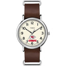 TIMEX MEN'S NFL WEEKENDER 40MM QUARTZ WATCH WITH LEATHER STRAP -WHITE/RED/BROWN - Brand New